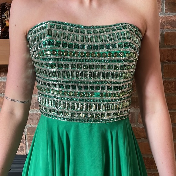 Sherri Hill Emerald Jeweled Long Strapless Dress - Picture 2 of 7